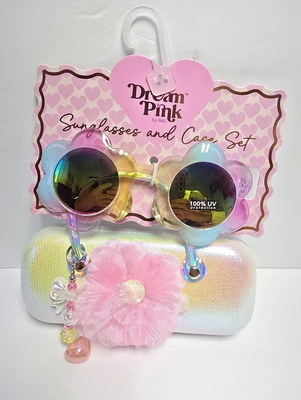 NWT Dream Pink Kids Flower Sunglasses Iridescent Glitter Case Set